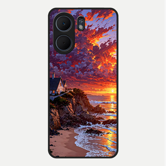  Sunset House By Sea Glass Case For Oppo A5x 5G back cover – full design glossy printed glass finish