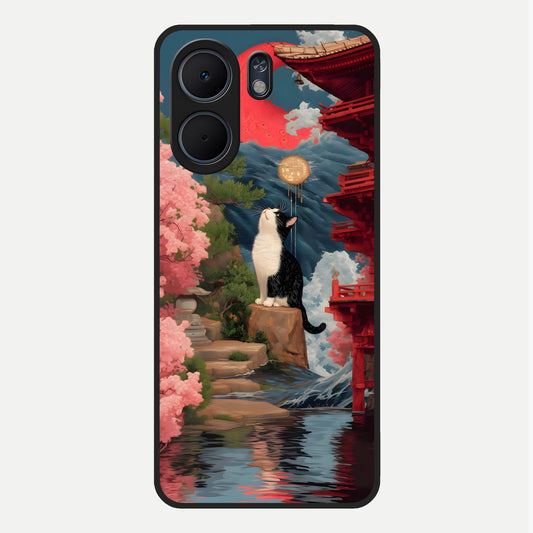  Temple Cat Scenery Glass Case For Oppo A5x 5G back cover – full design glossy printed glass finish