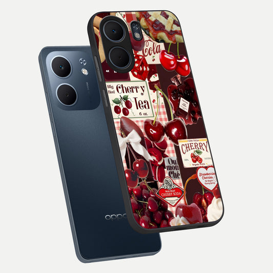  Aesthetic Cherry Tea phone case For Oppo A5x 5G showing premium glass back cover with detailed artwork