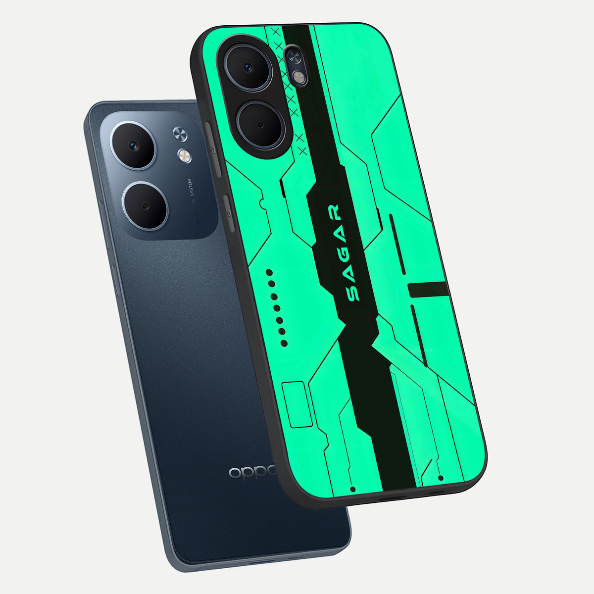  Aqua Tech CYBERPUNK Custom Name phone case For Oppo A5x 5G showing premium glass back cover with detailed artwork