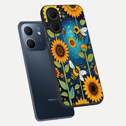  Bees And Sunflowers phone case For Oppo A5x 5G showing premium glass back cover with detailed artwork