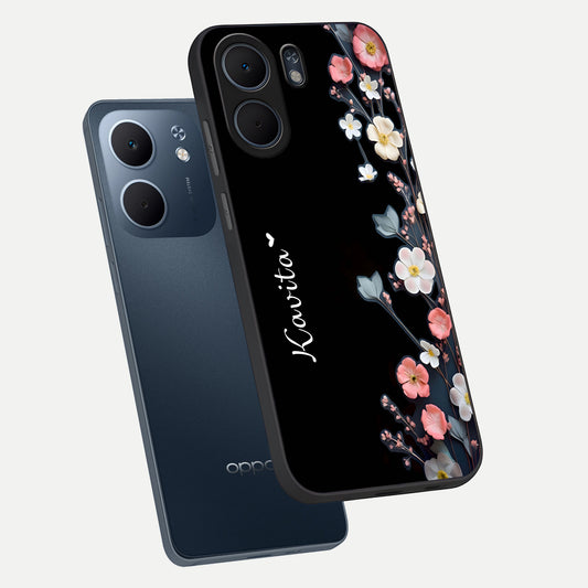  Black Elegance Floral Custom Name phone case For Oppo A5x 5G showing premium glass back cover with detailed artwork