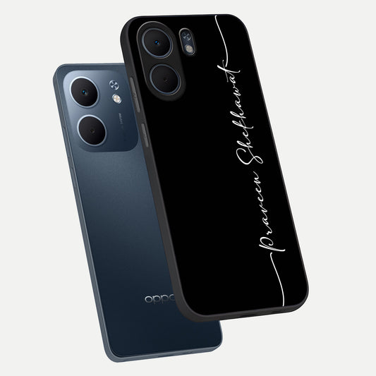  Black Tune Custom Name phone case For Oppo A5x 5G showing premium glass back cover with detailed artwork