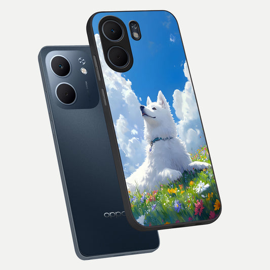  Blissful Cloud Pup phone case For Oppo A5x 5G showing premium glass back cover with detailed artwork