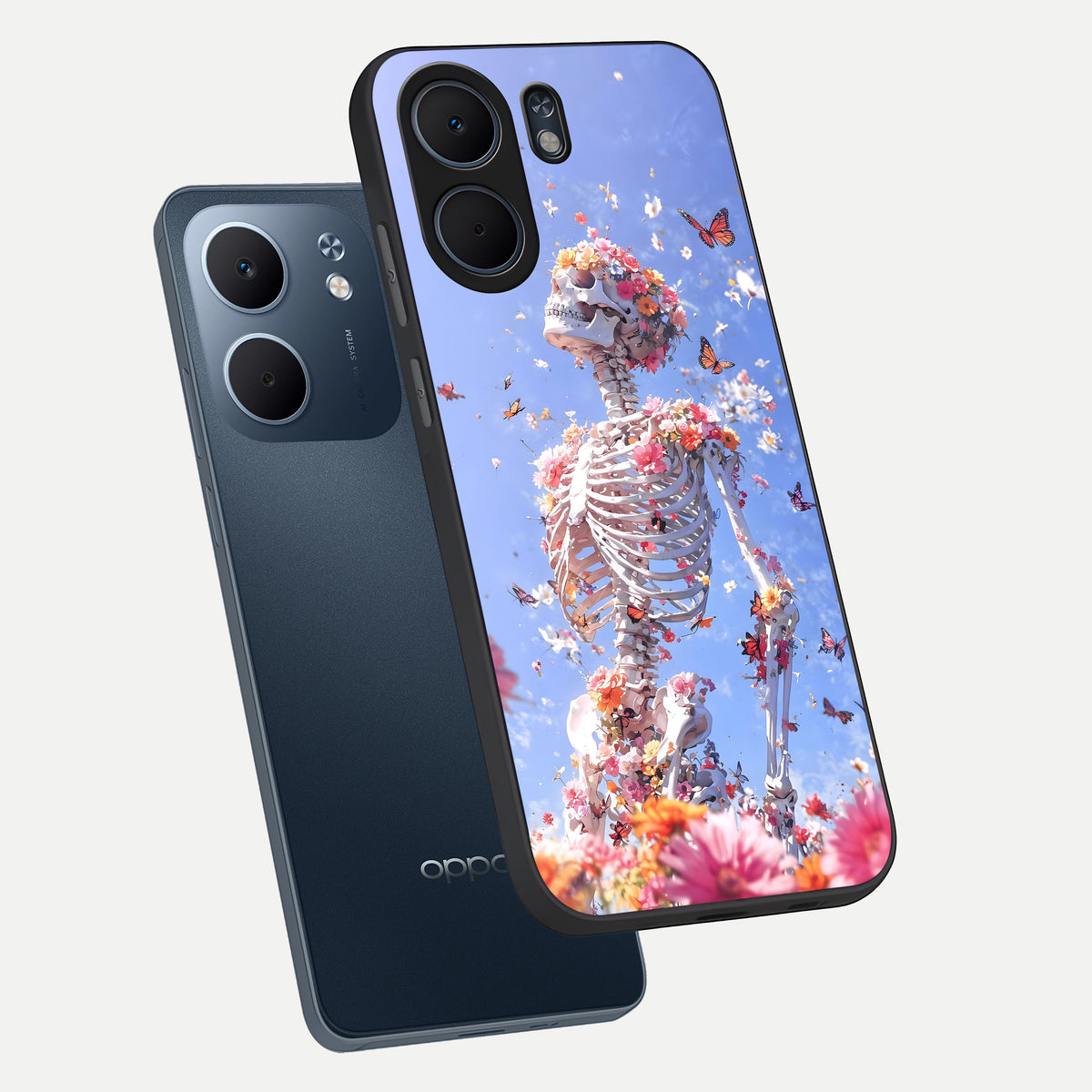  Bloom Beyond Bones phone case For Oppo A5x 5G showing premium glass back cover with detailed artwork