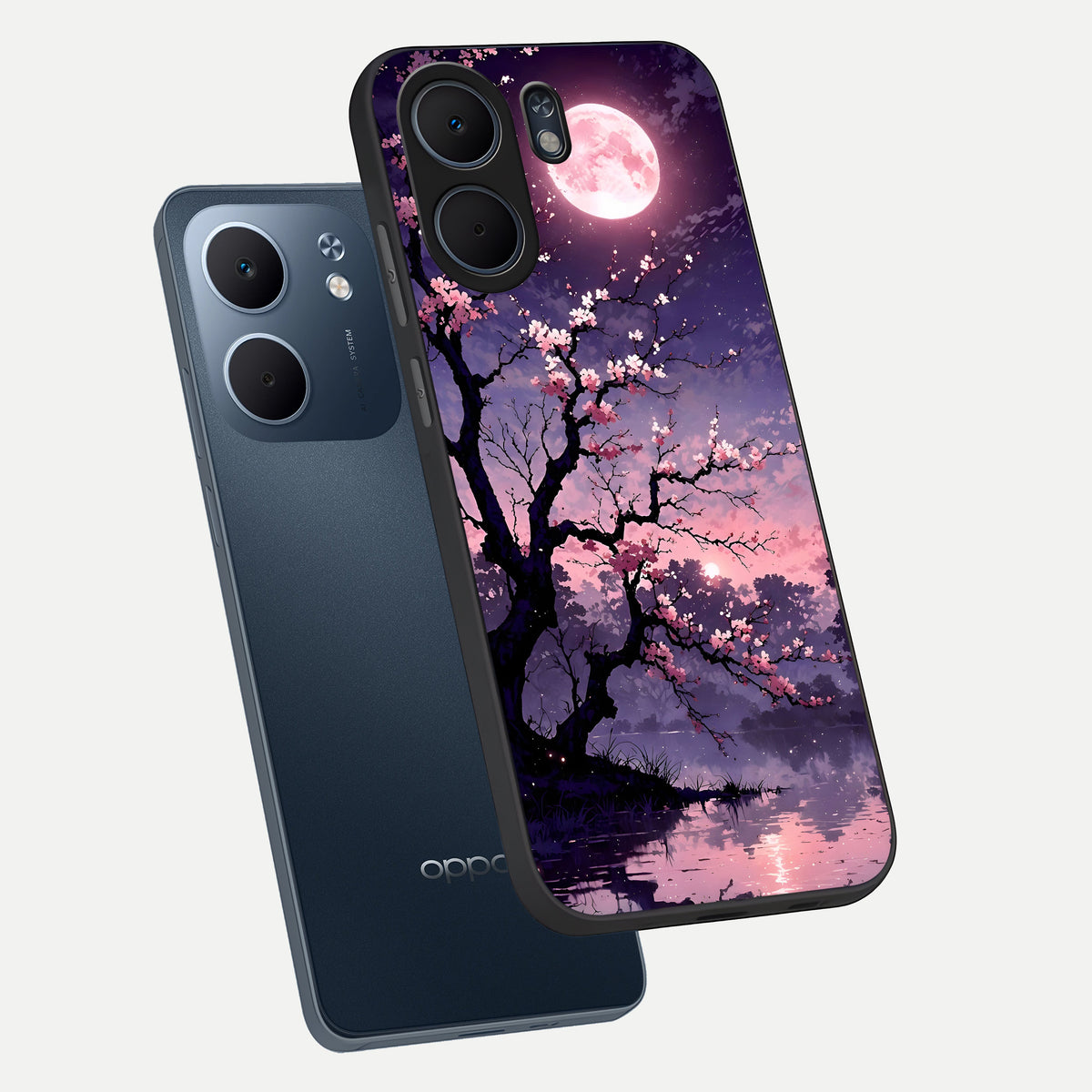  Blossom Pink Moon phone case For Oppo A5x 5G showing premium glass back cover with detailed artwork