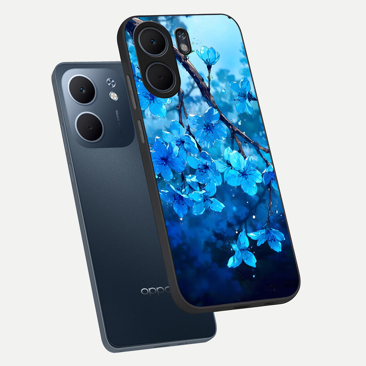  Blue Blossoms Branch phone case For Oppo A5x 5G showing premium glass back cover with detailed artwork