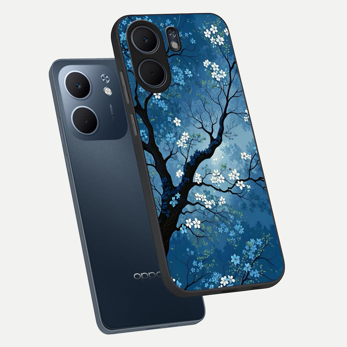  Blue Tree Serenity phone case For Oppo A5x 5G showing premium glass back cover with detailed artwork