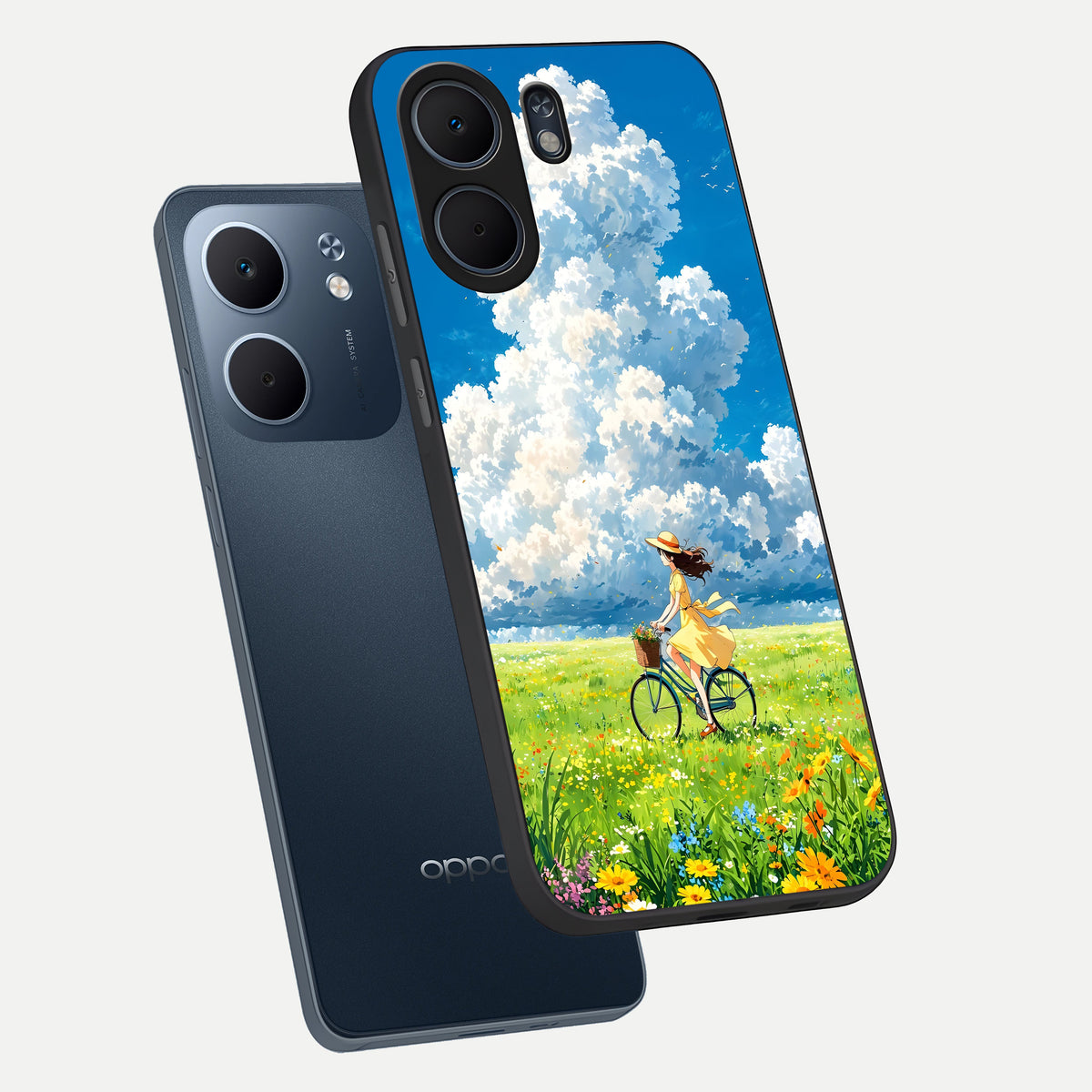  Breezy Meadow Ride phone case For Oppo A5x 5G showing premium glass back cover with detailed artwork