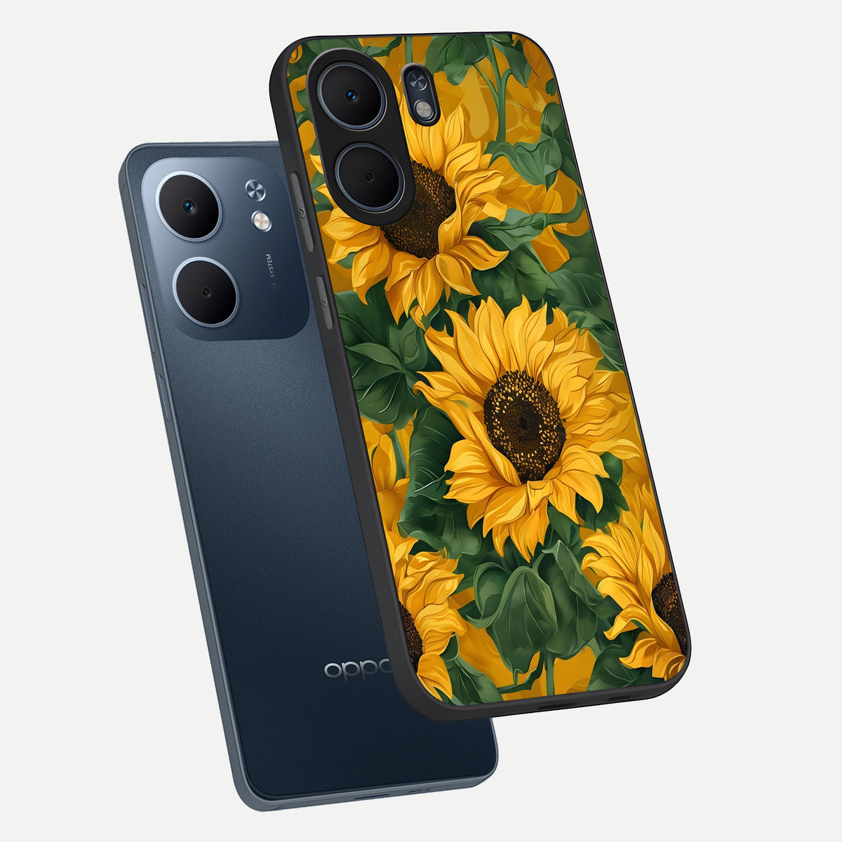  Bright Sunflower Bloom phone case For Oppo A5x 5G showing premium glass back cover with detailed artwork