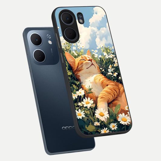  Cat And Flowers View phone case For Oppo A5x 5G showing premium glass back cover with detailed artwork
