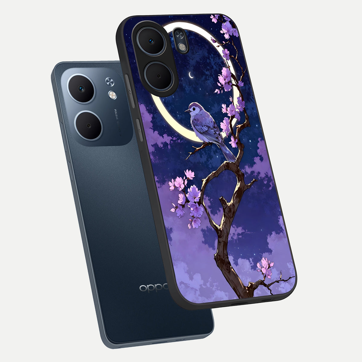  Celestial Bird Blossom phone case For Oppo A5x 5G showing premium glass back cover with detailed artwork