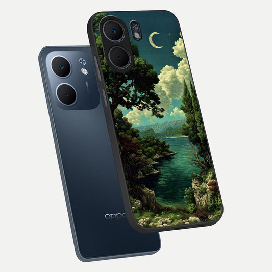  Celestial Lake Peace phone case For Oppo A5x 5G showing premium glass back cover with detailed artwork