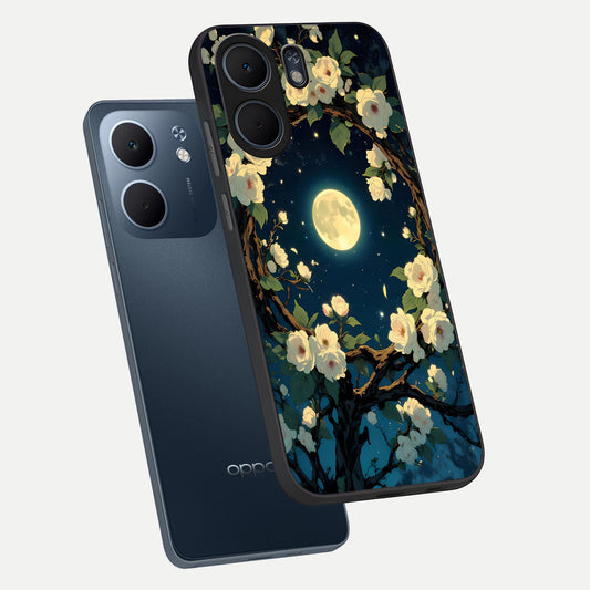  Celestial Moon And Flower phone case For Oppo A5x 5G showing premium glass back cover with detailed artwork