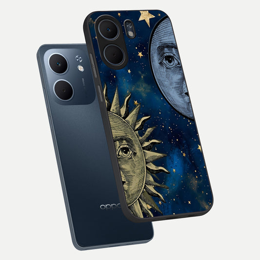  Celestial Moon With Sun phone case For Oppo A5x 5G showing premium glass back cover with detailed artwork