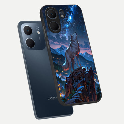  Celestial Wolf Howl phone case For Oppo A5x 5G showing premium glass back cover with detailed artwork