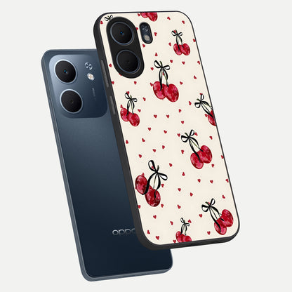  Cherry Heart Bow phone case For Oppo A5x 5G showing premium glass back cover with detailed artwork