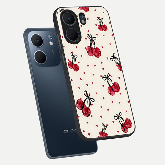  Cherry Heart Bow phone case For Oppo A5x 5G showing premium glass back cover with detailed artwork