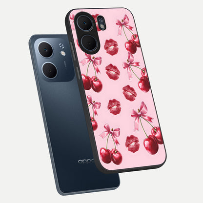  Cherry With Lips phone case For Oppo A5x 5G showing premium glass back cover with detailed artwork