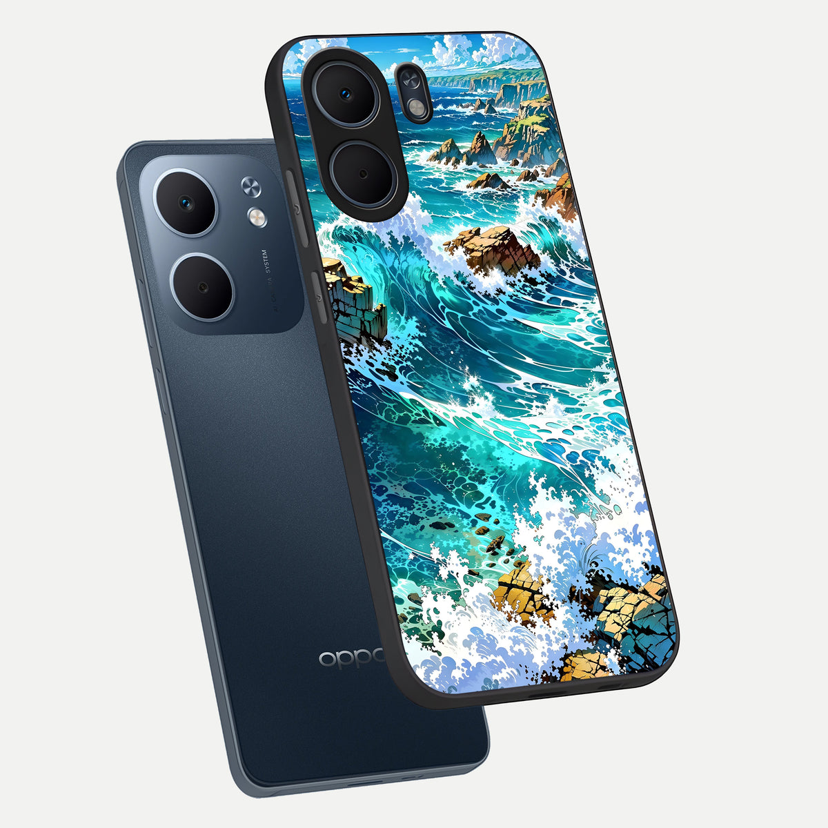 Coastal Blue Waves phone case For Oppo A5x 5G showing premium glass back cover with detailed artwork