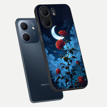  Crimson Rose Moon phone case For Oppo A5x 5G showing premium glass back cover with detailed artwork