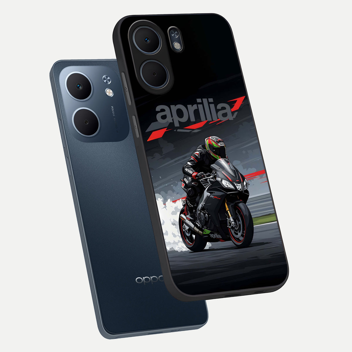  Dark Aprilla phone case For Oppo A5x 5G showing premium glass back cover with detailed artwork