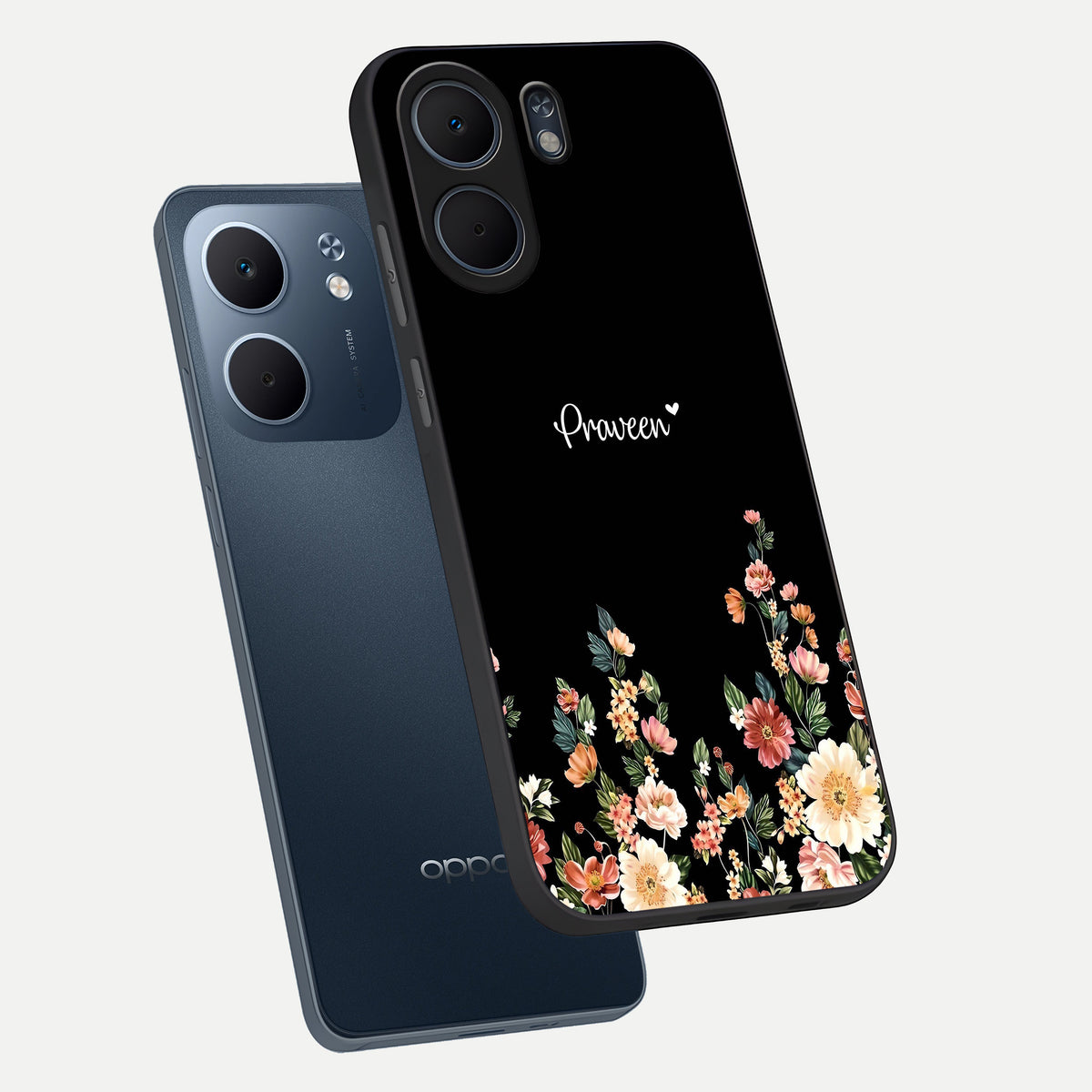  Floral Design Personalized Custom Name phone case For Oppo A5x 5G showing premium glass back cover with detailed artwork