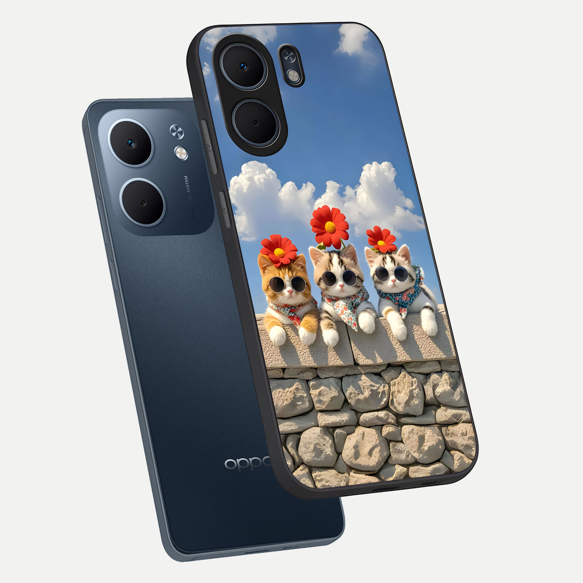  Floral Kitty Squad phone case For Oppo A5x 5G showing premium glass back cover with detailed artwork