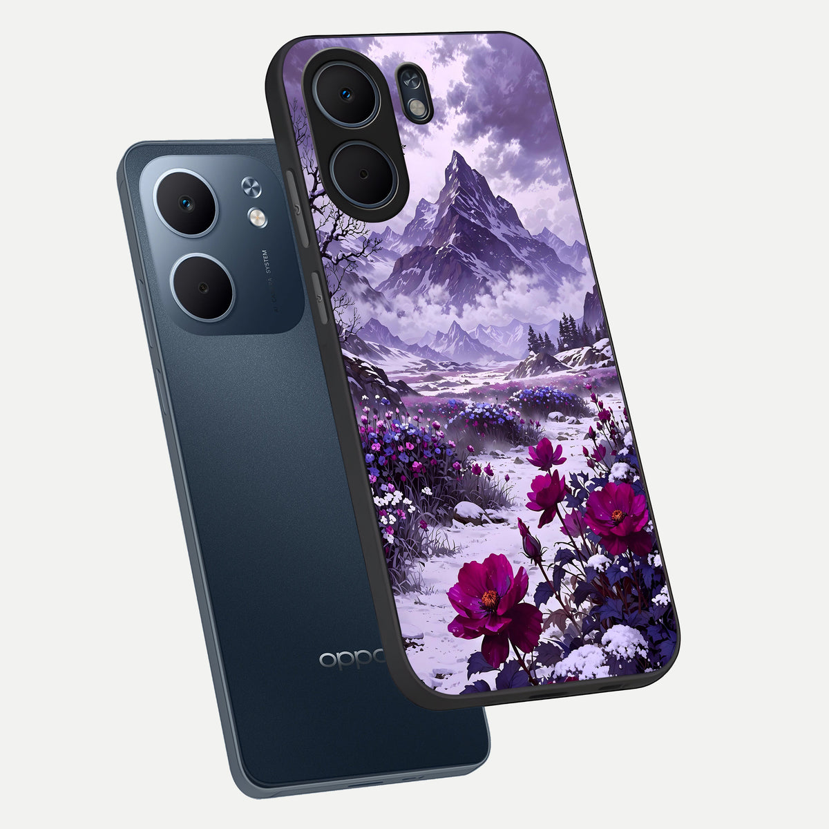  Flower Mountain View phone case For Oppo A5x 5G showing premium glass back cover with detailed artwork