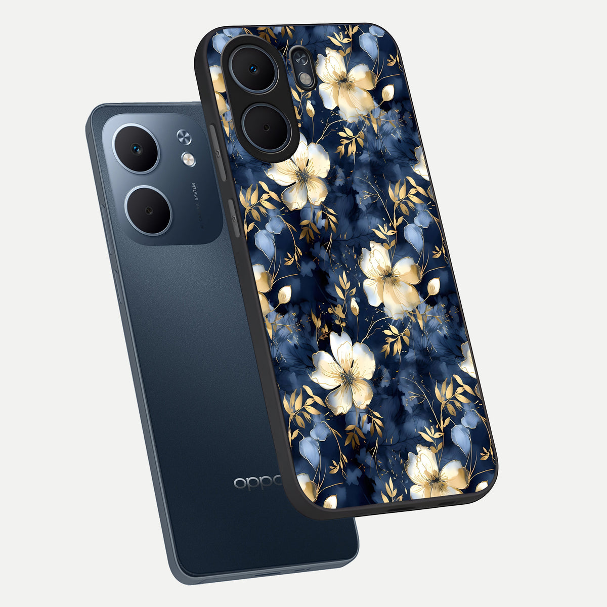  Golden Midnight Bloom phone case For Oppo A5x 5G showing premium glass back cover with detailed artwork