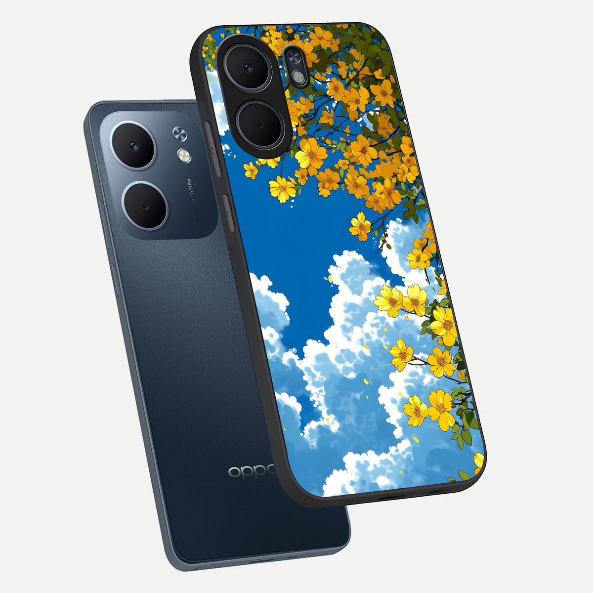  Golden Petal Sky phone case For Oppo A5x 5G showing premium glass back cover with detailed artwork