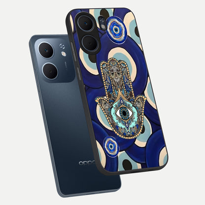  Hamsa Divine Guard phone case For Oppo A5x 5G showing premium glass back cover with detailed artwork