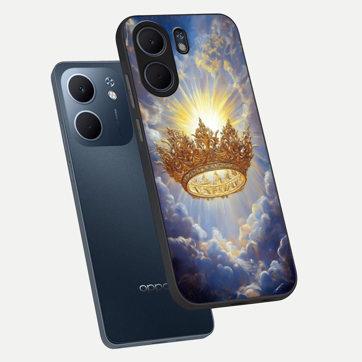  Heavenly Crown Light phone case For Oppo A5x 5G showing premium glass back cover with detailed artwork