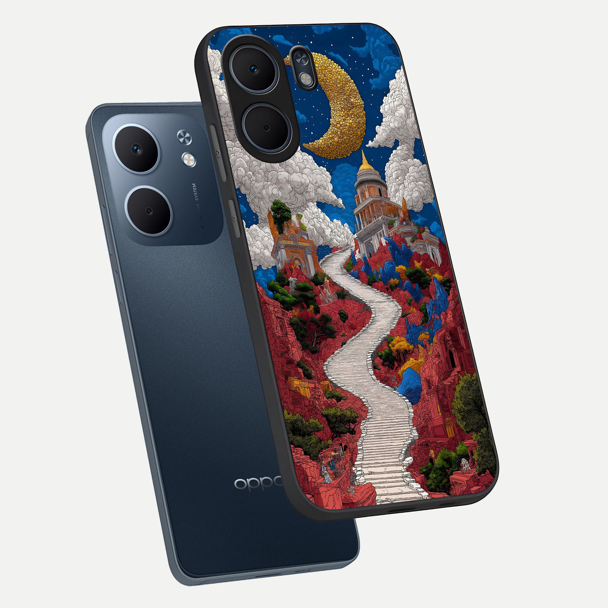  Heavenly Moon Path phone case For Oppo A5x 5G showing premium glass back cover with detailed artwork