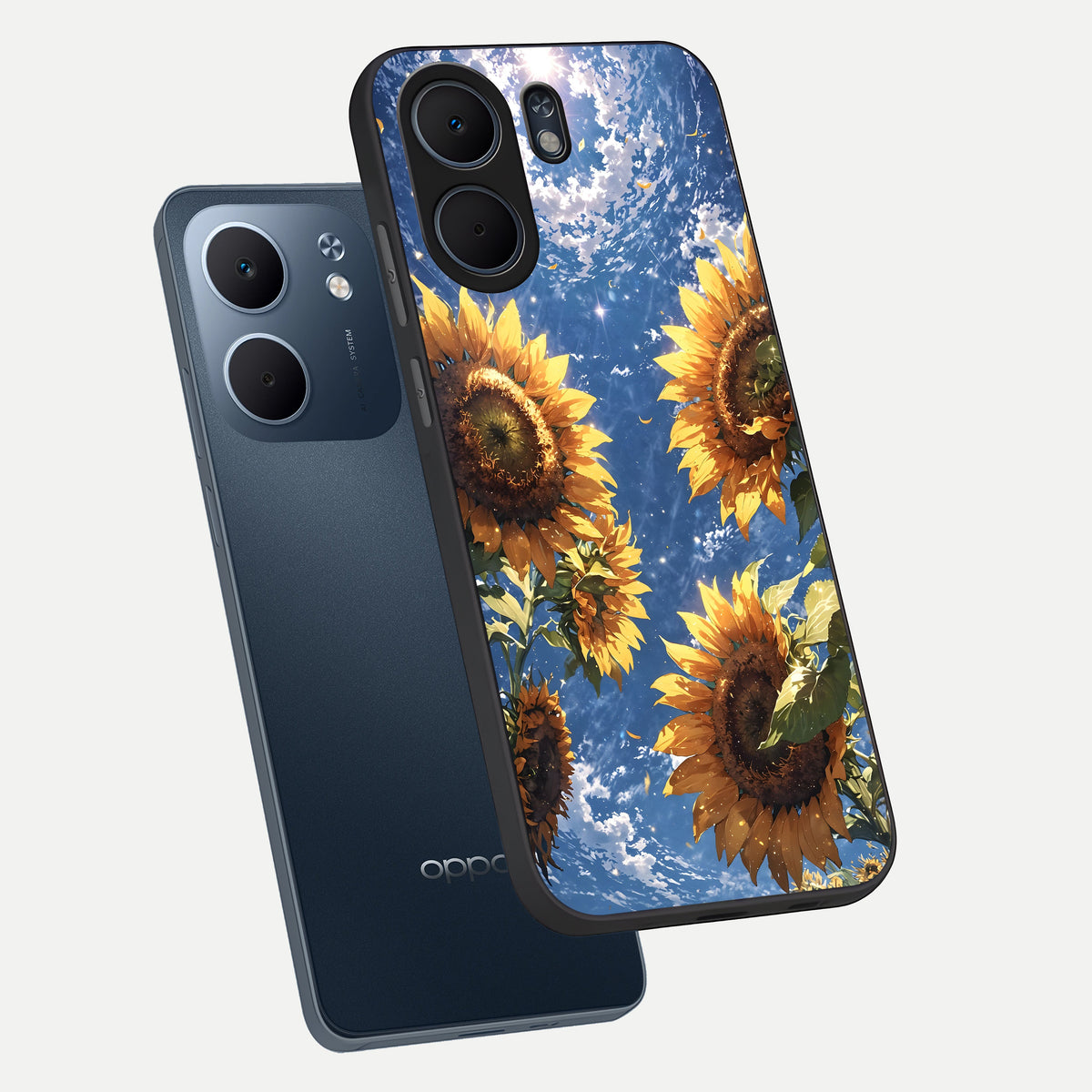  Heavenly Sunflower Rise phone case For Oppo A5x 5G showing premium glass back cover with detailed artwork