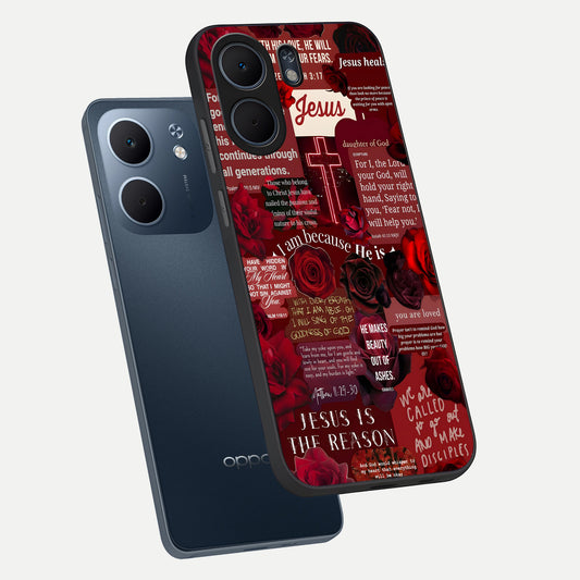  Jesus Love Heals phone case For Oppo A5x 5G showing premium glass back cover with detailed artwork