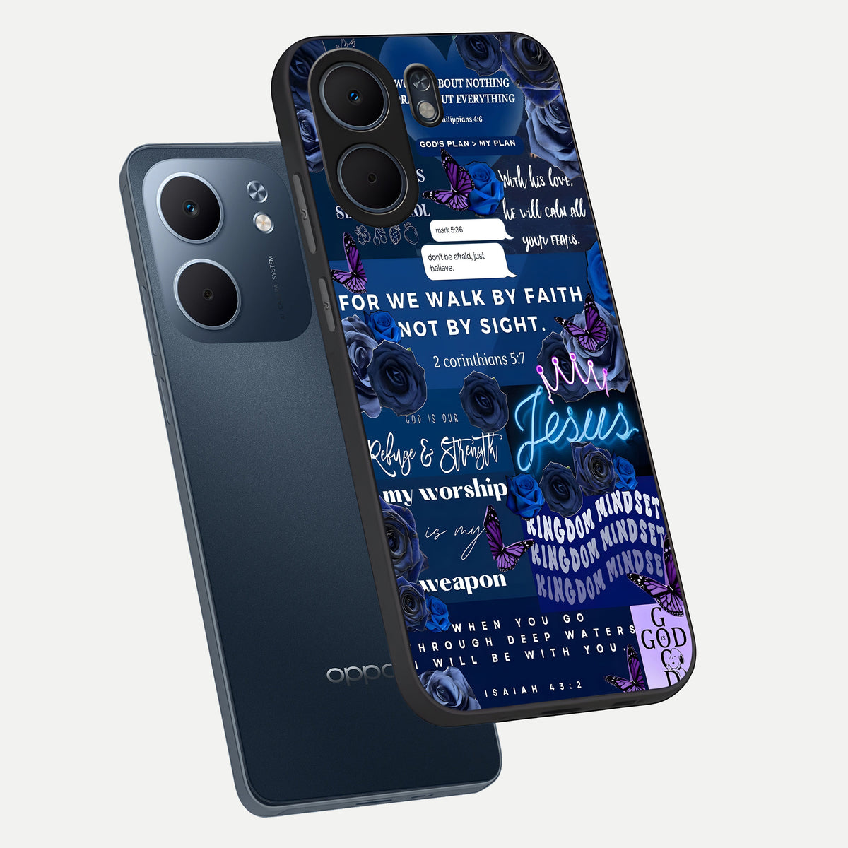  Kingdom Faith Glow phone case For Oppo A5x 5G showing premium glass back cover with detailed artwork