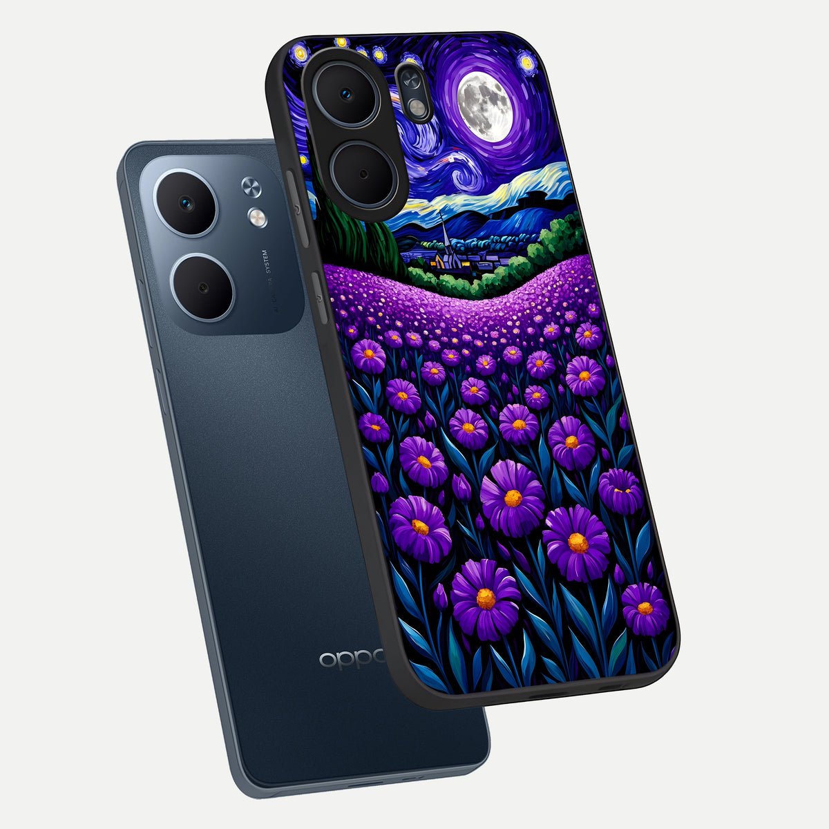  Lavender Moon Field phone case For Oppo A5x 5G showing premium glass back cover with detailed artwork