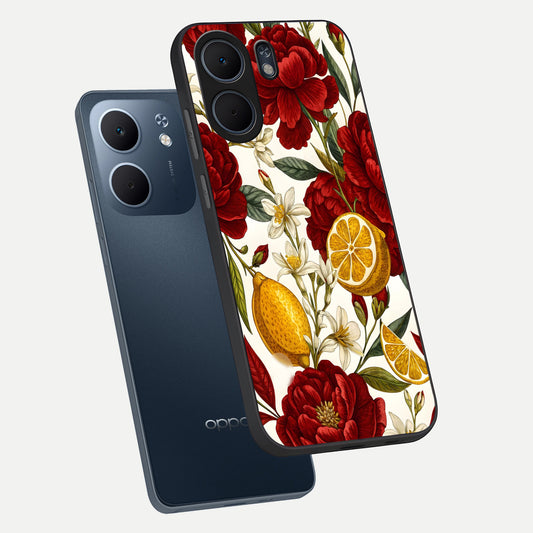  Lemon Rose Charm phone case For Oppo A5x 5G showing premium glass back cover with detailed artwork