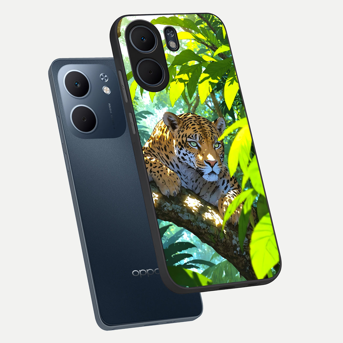  Leopard in Jungle phone case For Oppo A5x 5G showing premium glass back cover with detailed artwork