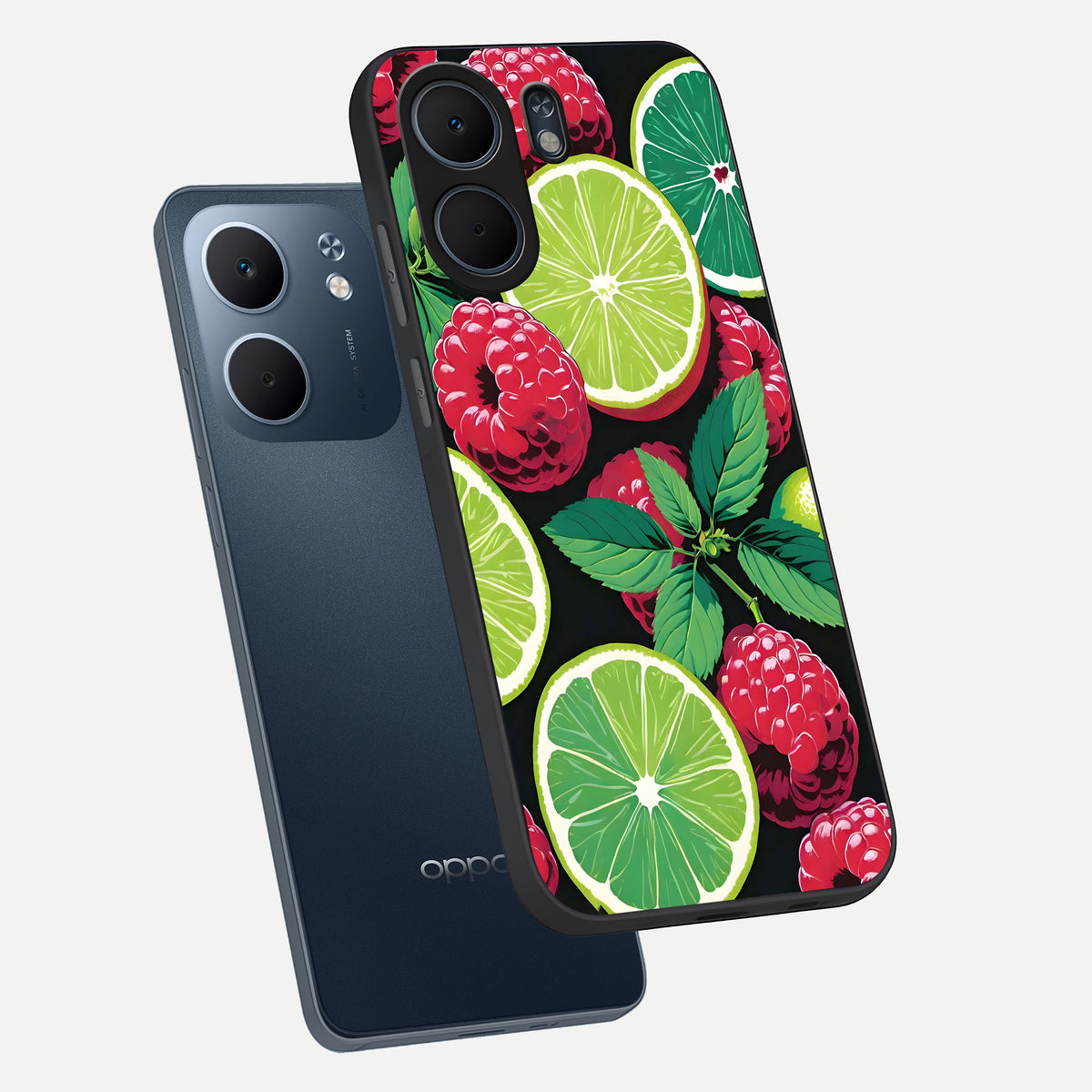  Lime and Raspberry Pattern phone case For Oppo A5x 5G showing premium glass back cover with detailed artwork