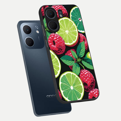  Lime and Raspberry Pattern phone case For Oppo A5x 5G showing premium glass back cover with detailed artwork