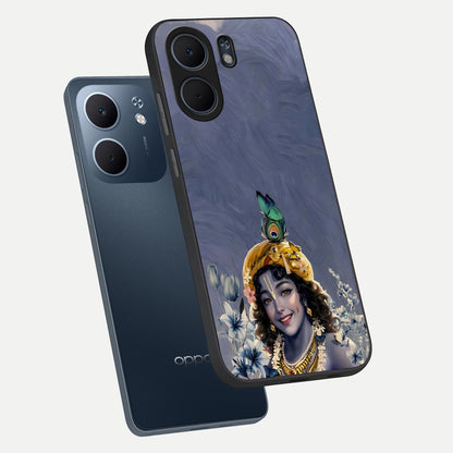  Lord Krishna phone case For Oppo A5x 5G showing premium glass back cover with detailed artwork