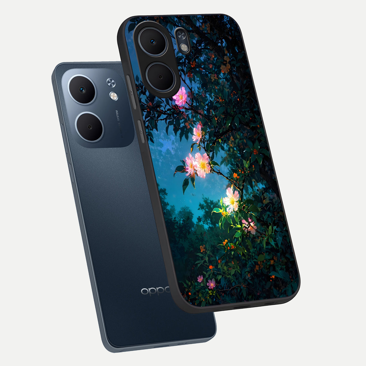  Midnight Bloom Glow phone case For Oppo A5x 5G showing premium glass back cover with detailed artwork