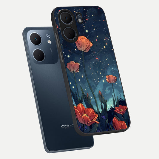  Midnight Tulip Glow phone case For Oppo A5x 5G showing premium glass back cover with detailed artwork