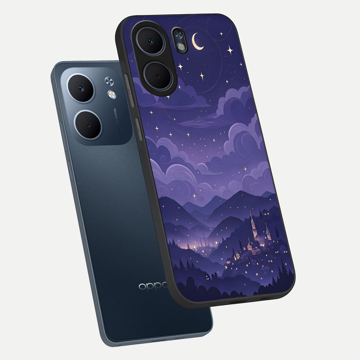 Minimal Night View phone case For Oppo A5x 5G showing premium glass back cover with detailed artwork