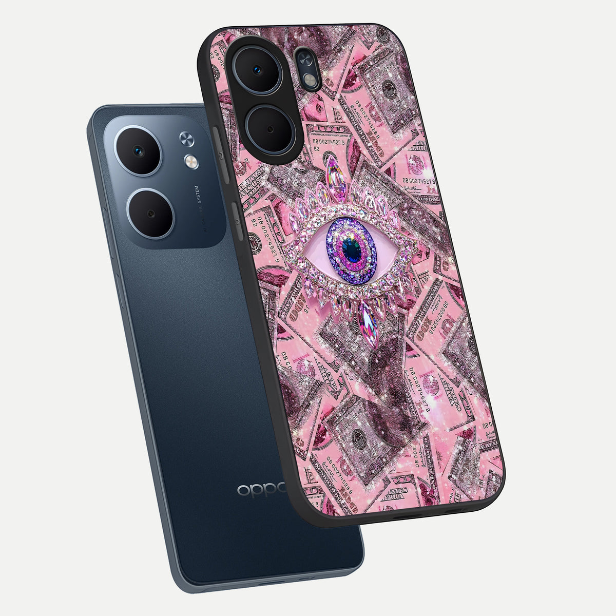  Money Eye Luxe phone case For Oppo A5x 5G showing premium glass back cover with detailed artwork