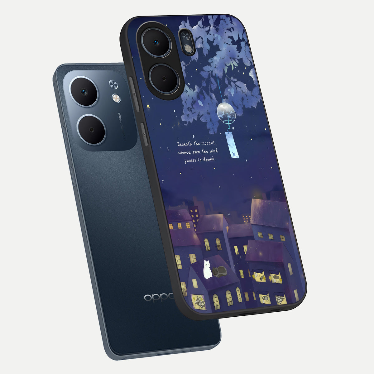  Moonlit Cat Silence phone case For Oppo A5x 5G showing premium glass back cover with detailed artwork
