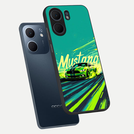  Mustang Bang phone case For Oppo A5x 5G showing premium glass back cover with detailed artwork