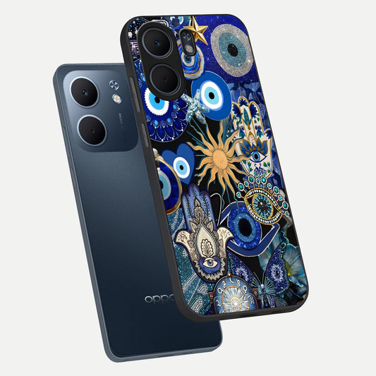  Mystic Blue Evil Eye phone case For Oppo A5x 5G showing premium glass back cover with detailed artwork